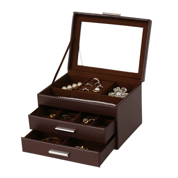 Jewellery Box PVC Brown Leather with 2 Draws