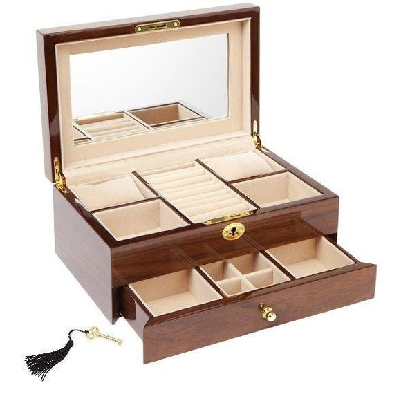 Jewellery Box in Walnut VNR 10' with Single Draw - 28X18.5X12CM